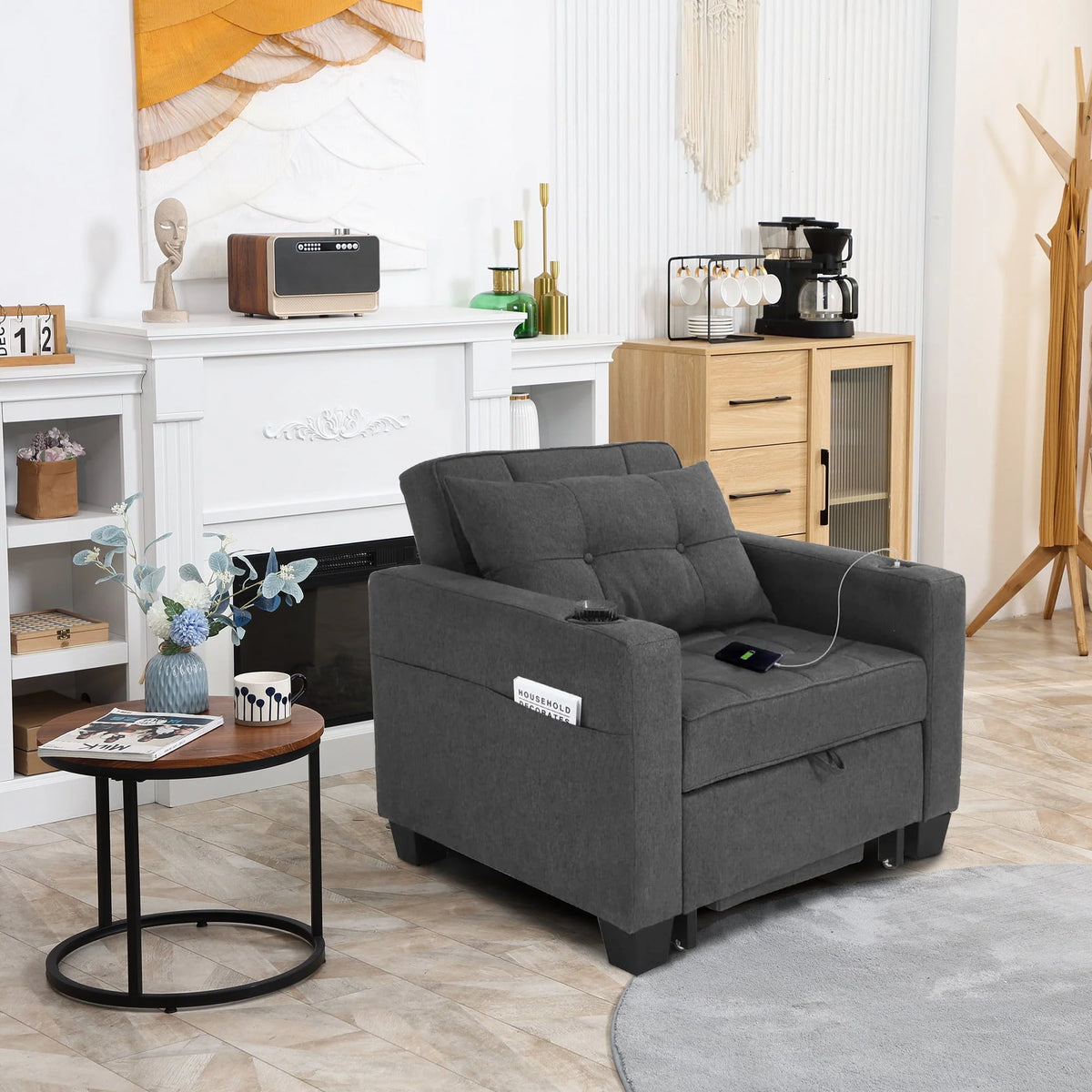 DURASPACE 3 in 1 Convertible Sleeper Chair Bed with Usb Port, Linen Pull Out Chair Indoor, Dark Gray