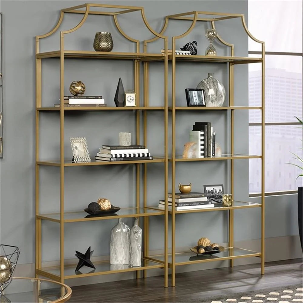 Pemberly Row 5-Shelf Modern Metal Bookcase in Gold Satin/Faux Deco Stone
