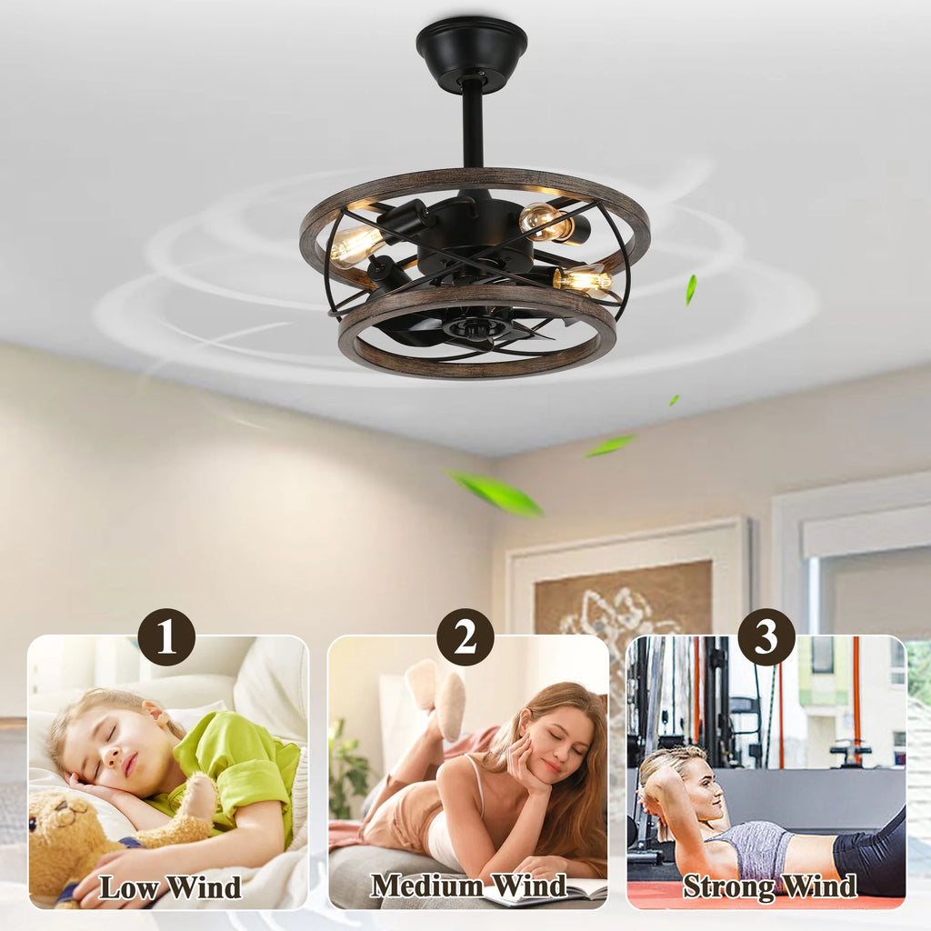 18" Rustic Wood Caged Ceiling Fan with Light and Remote Control, Farmhouse 3-Speed Reversible Flush Mount Ceiling Fan