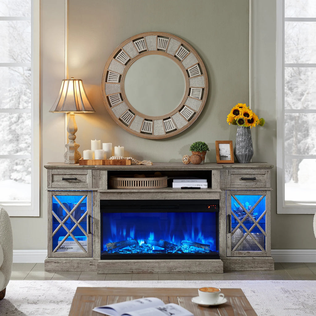 OKD Farmhouse 3-Sided Fireplace TV Stand for 80" TVs, 70" Entertainment Center with Electric Fireplace and Storage Drawers, Antique White