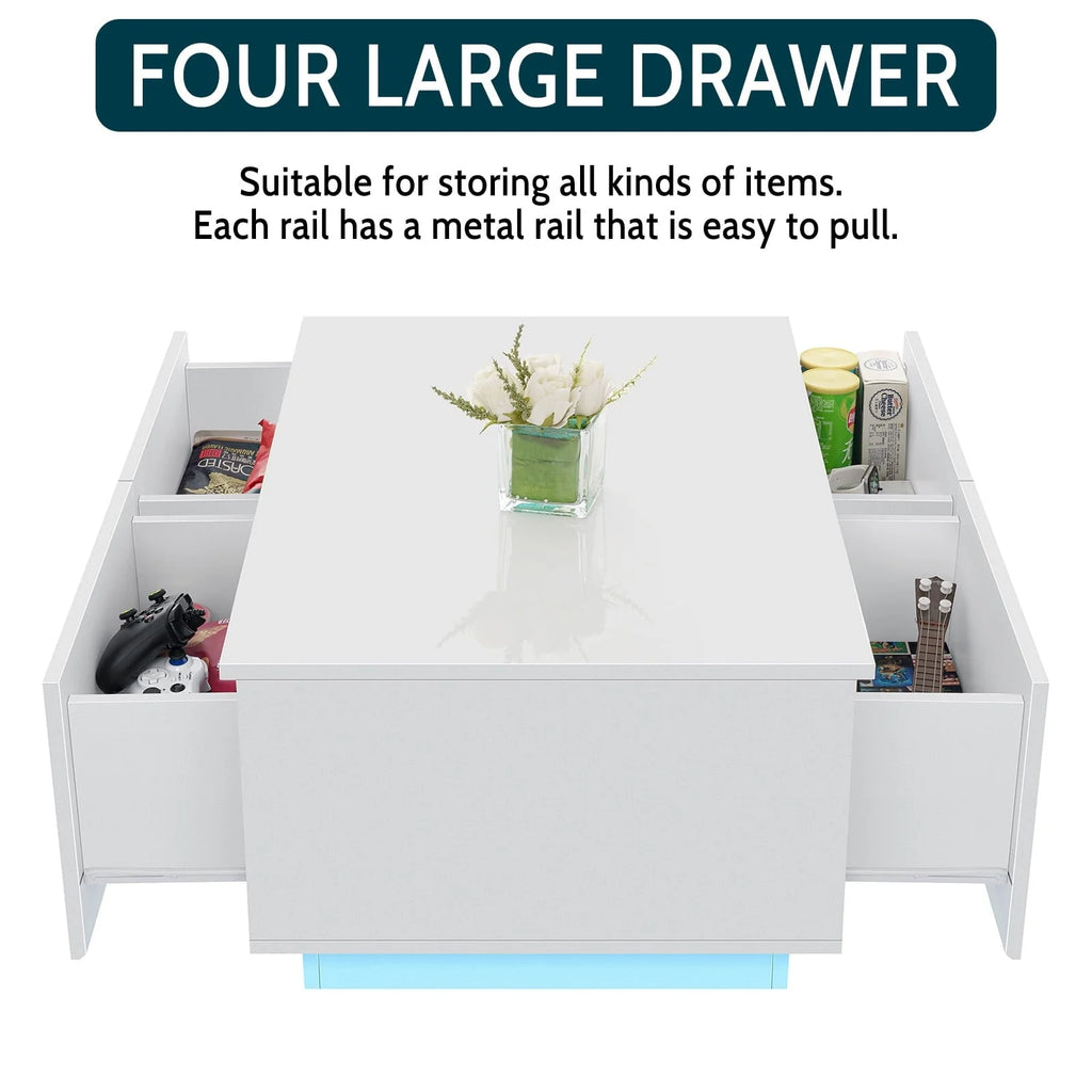 Hommpa Rectangular Coffee Table with LED Lights Tea Tables with 4 Drawers High Gloss Modern Living Room Furniture White Finish Sofa Side Table 37.4 x 23.6 x 15.4 Inches
