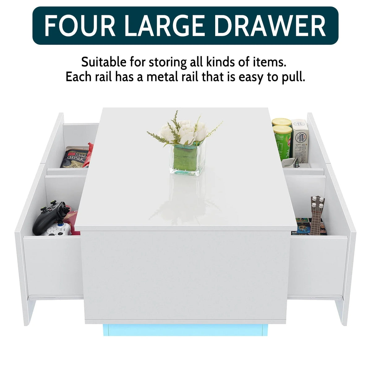 Hommpa Rectangular Coffee Table with LED Lights Tea Tables with 4 Drawers High Gloss Modern Living Room Furniture White Finish Sofa Side Table 37.4 x 23.6 x 15.4 Inches