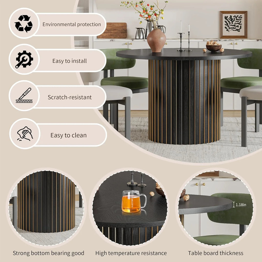 Modern Round Dining Table, 47 Inch Small Circle Kitchen Tables for 4-6, Wood Strip Base, Farmhouse Table for Kitchen, Dinning Room, Walnut