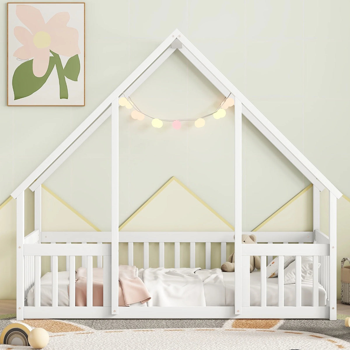 Bellemave Twin Size Floor Bed Frame, Wooden House Bed Twin Size with Fence, Montessori Bed with Guardrails for Bedroom (White)