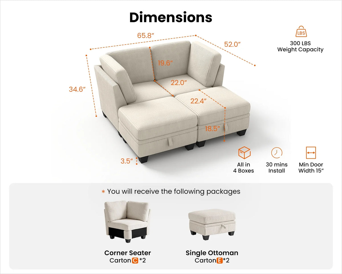 CHIC HOUSE 154.5" Sectional Sofa with Storage Ottoman Chaise, Corduroy U Shaped Sofa Convertible Sectional Couches for Living Room, 12 Seater Corner Modular Sofa with Deep Seat Throw Pillows, Green