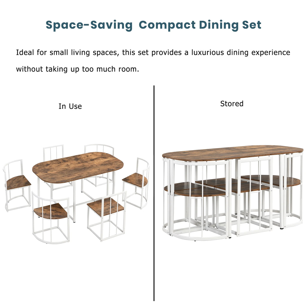 7-Piece Dining Table Set with 6Stools - Industrial Compact Kitchen Table & Chairs Sets, Space-Saving Design for Apartment, Small Space, Breakfast Nook