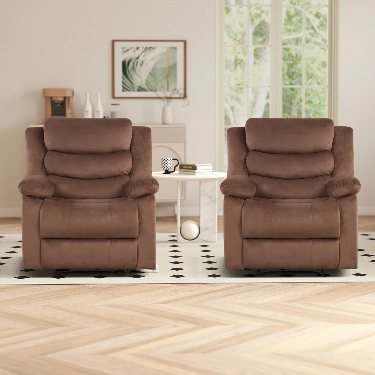 Bonzy Home Recliner Chairs for Living Room Overstuffed Breathable Fabric Reclining Chair Manual Sofa Brown