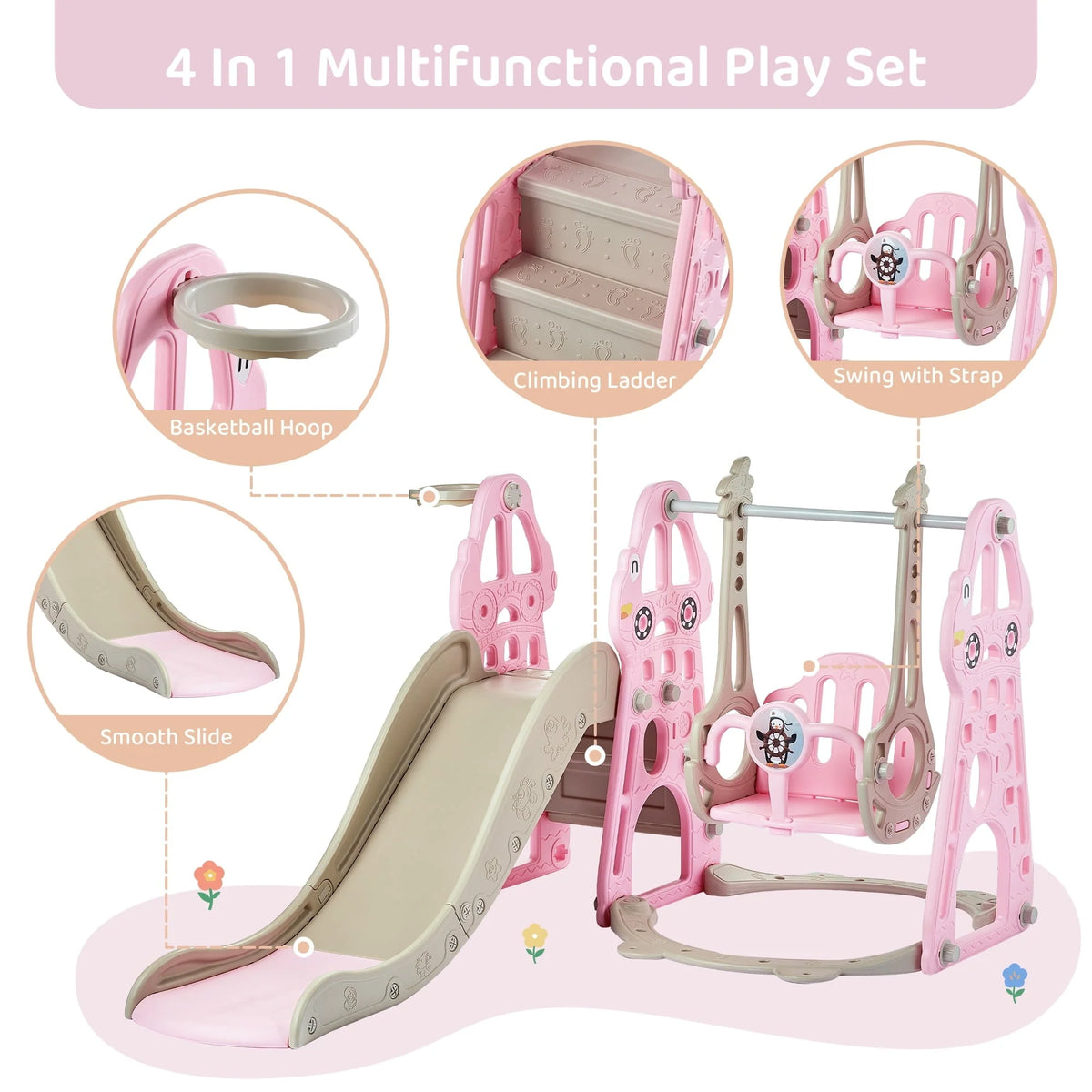 DUKE BABY 4-in-1 Kids Swing and Slide Set for Toddler Age 1-6, Extra Large Baby Indoor Outdoor Activity Playground with Basketball Hoop and Climber ??Pink
