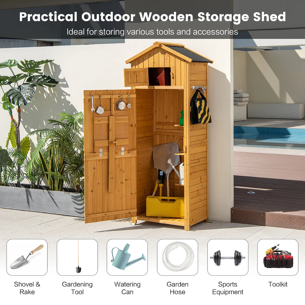 Costway Outdoor Lockable Wooden Storage Shed with Shelves, 71"x29.5"x20", Natural