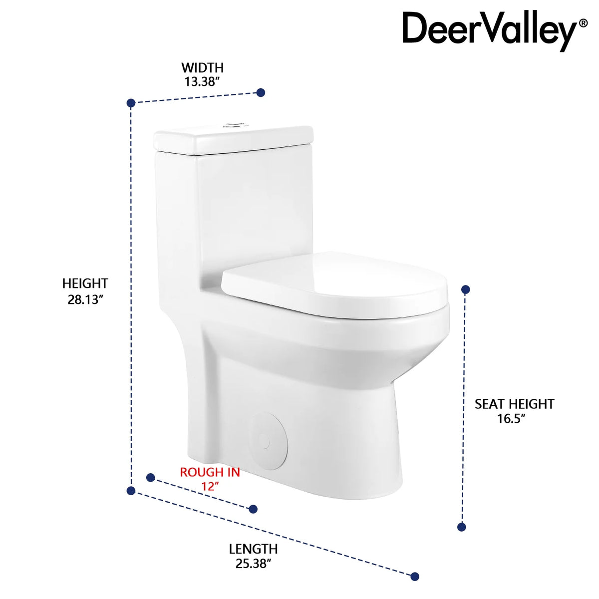 DeerValley Liberty Compact Toilets One-Piece Toilet With High-Efficiency Flush Round Toilet for Space-Saving Floor Mounted 12 in. Rough In 1-Piece 1.1/1.6 GPF Dual Flush (Seat Included)