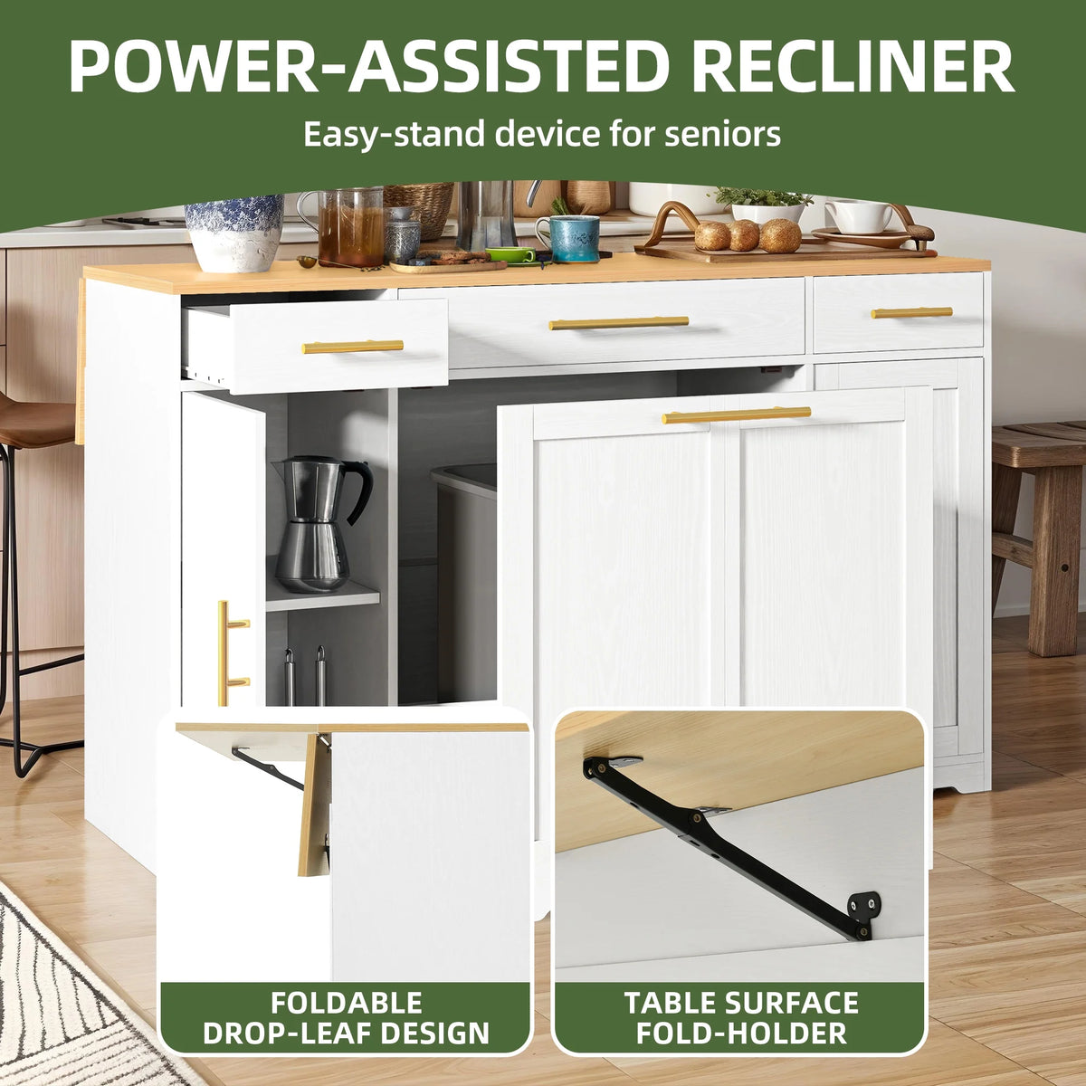 Uforic Kitchen Island with Drop Leaf & Wheels, Island Table with Trash Storage Cabinet, Black