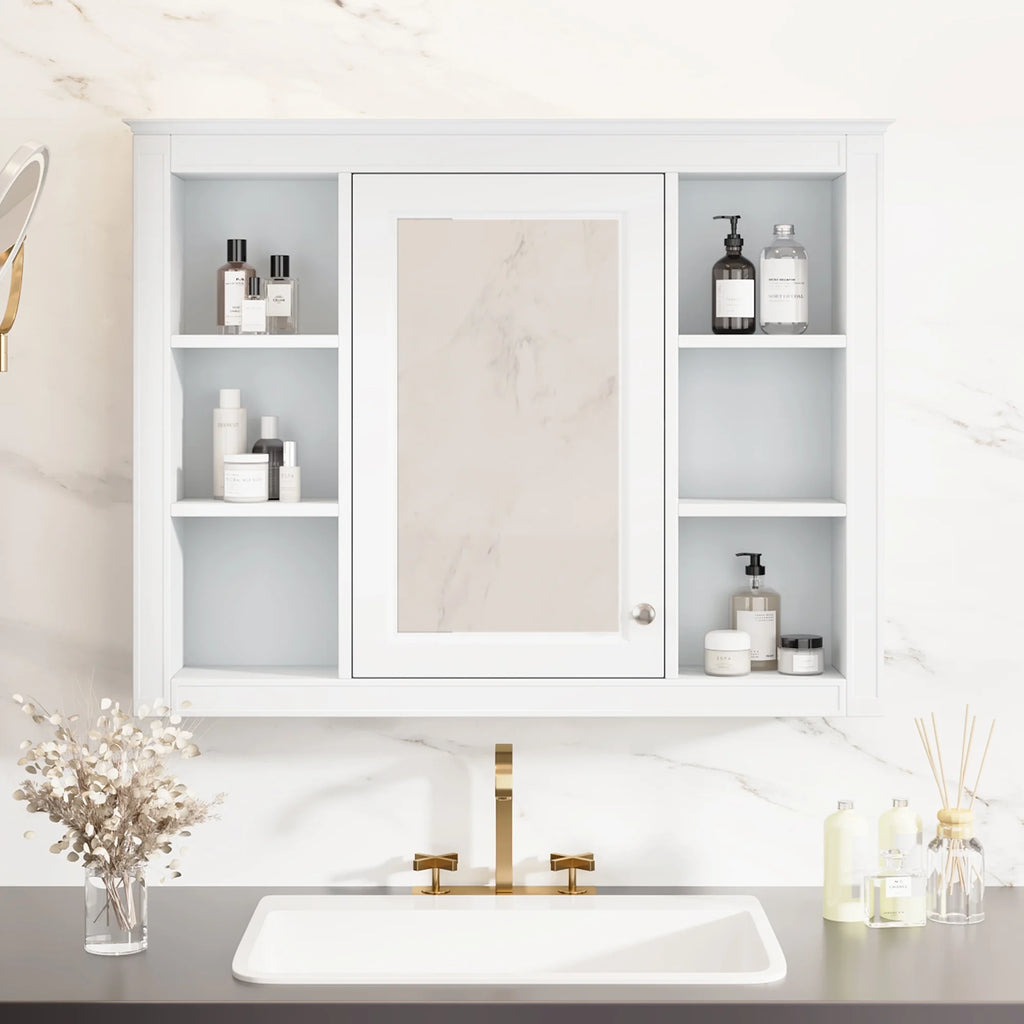 Furvclv Bathroom Wall Mirror Cabinet Modern Wall Mounted Cabinet Storage Organizer With Single Mirror Door 6 Open Shelves