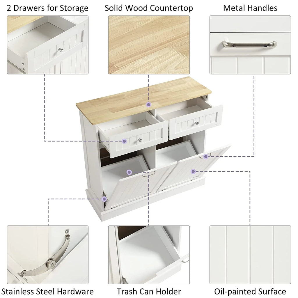 KIGOTY Dual Kitchen Trash Cabinet, Double Tilt Out Trash Can Cabinet with Countertop and Drawer, Free-Standing Pet Proof Recycling Cabinet Garbage Can Holder, Wood (White)