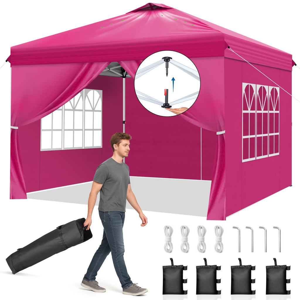 Ktaxon 10x10 Ez Pop Up Canopy Tent,Outdoor Sun Shade Shelter,Outdoor Gazebo,One Push Setup with Sidewalls,1 Roller Bag,4 Sandbags,UPF50+ - Pink