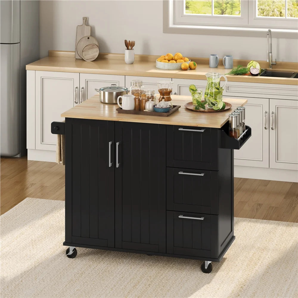 Renwick Rolling Kitchen Cart with Cabinets and Drawers, White