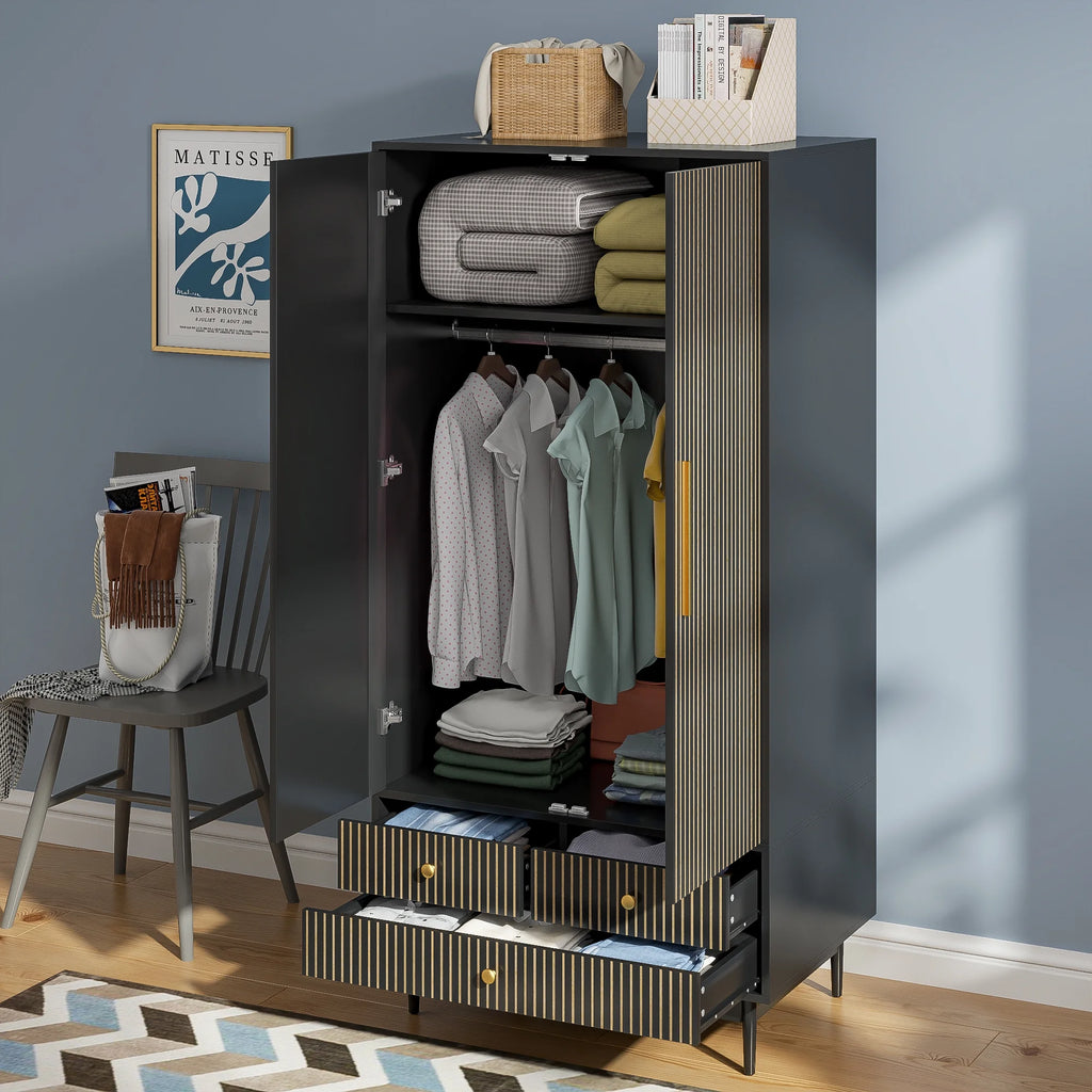 Armoire Wardrobe Closet, Closet Wardrobe Cabinet with Drawers and Hanging Rail for Bedroom, White