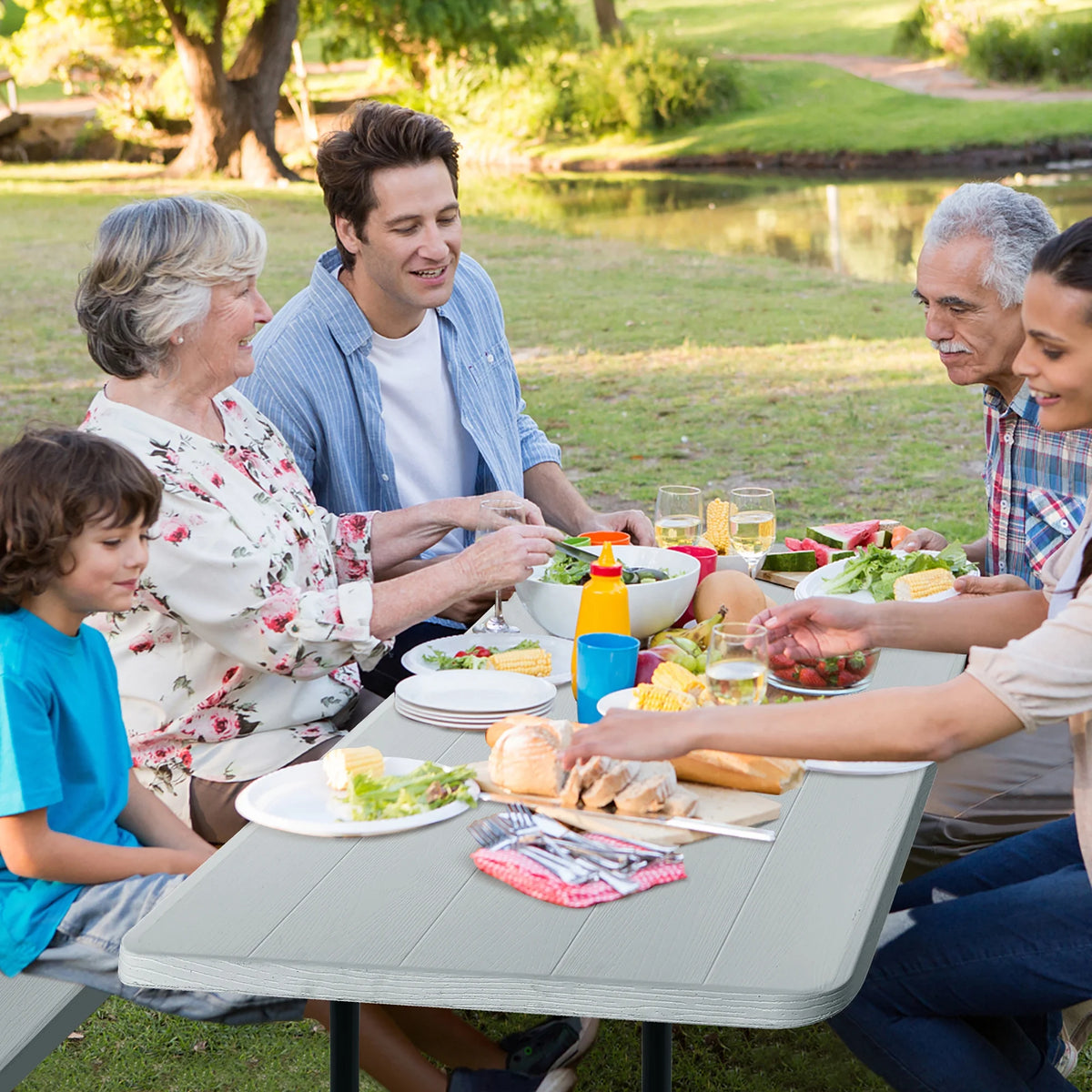 Costway Indoor & Outdoor Folding Picnic Table Bench Set w/ Wood-like Texture Grey
