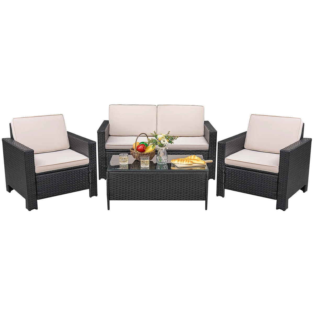 Lacoo 4 Pieces Patio Furniture Sets Rattan Chair Wicker Conversation Sofa Set Outdoor Tble and Chairs for Backyard Porch Garden Poolside Balcony, White