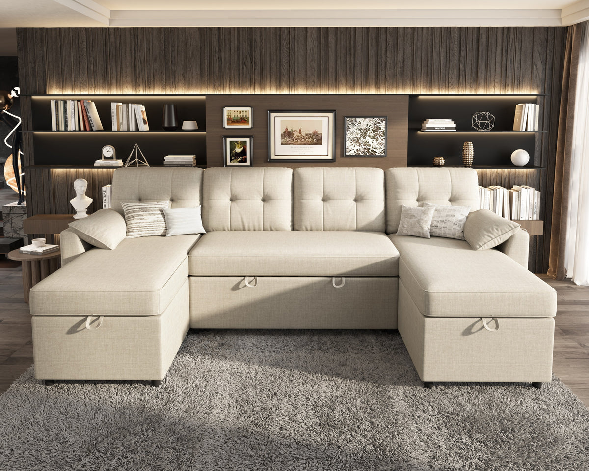 VANACC Sectional Sofa Bed with Storage and Soft Seat ,Reversible Pull Out Couch for Living Room,Beige