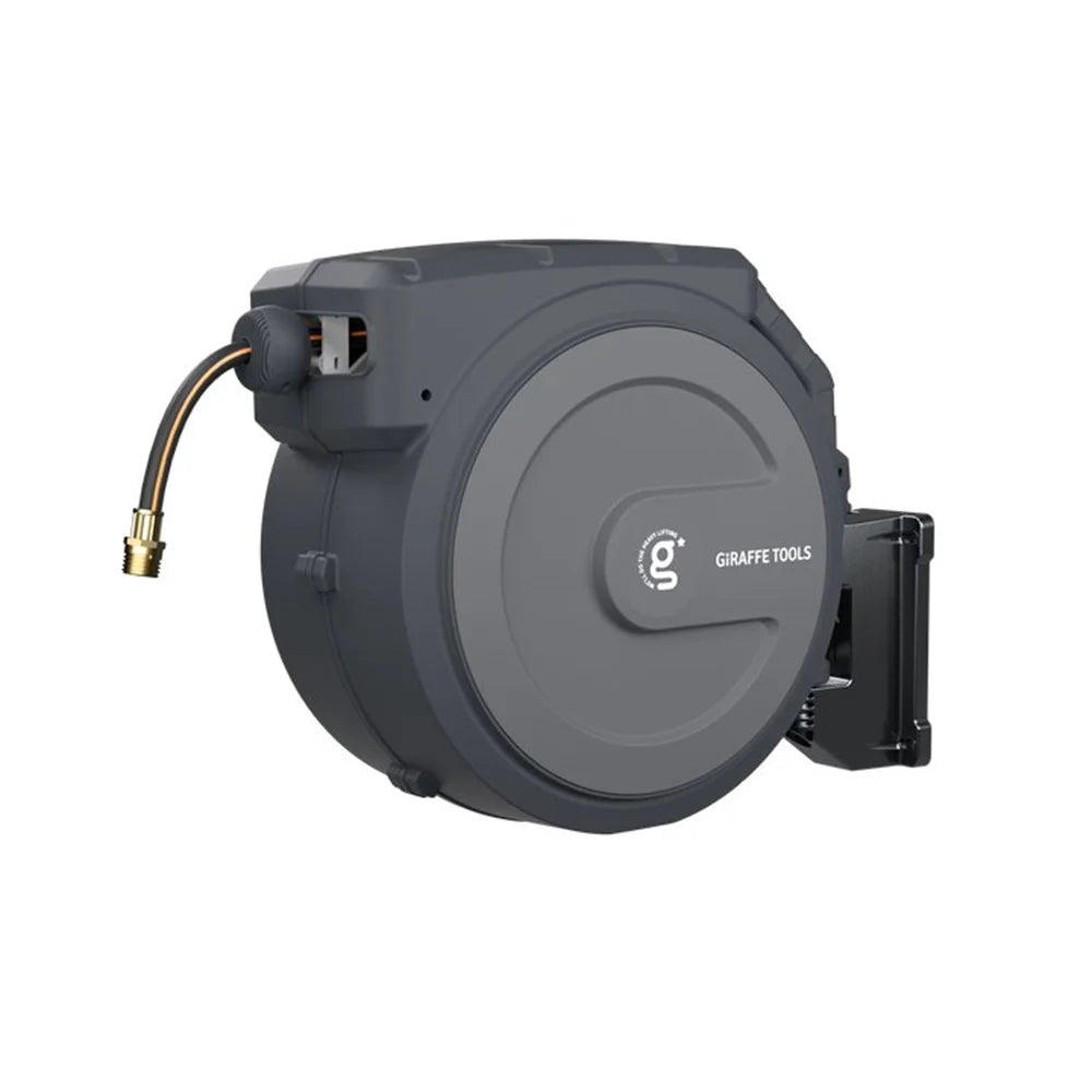 Giraffe Tools Retractable Garden Hose Reel with 1/2in-100ft Water Hose, Plastic Bracket, Wall Mounted, Dark Grey