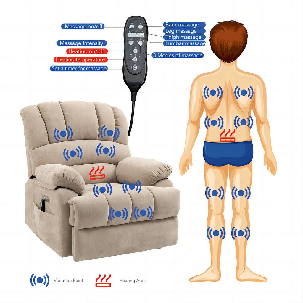 Oversized Power Lift Recliner Chairs for Adults,Beige Electric Recliners for Elderly with 8-Point Vibration Massage Lumbar Heating,2 Side Pocket,USB Port,24" Seat Width,25" Seat Depth,20" Seat Height