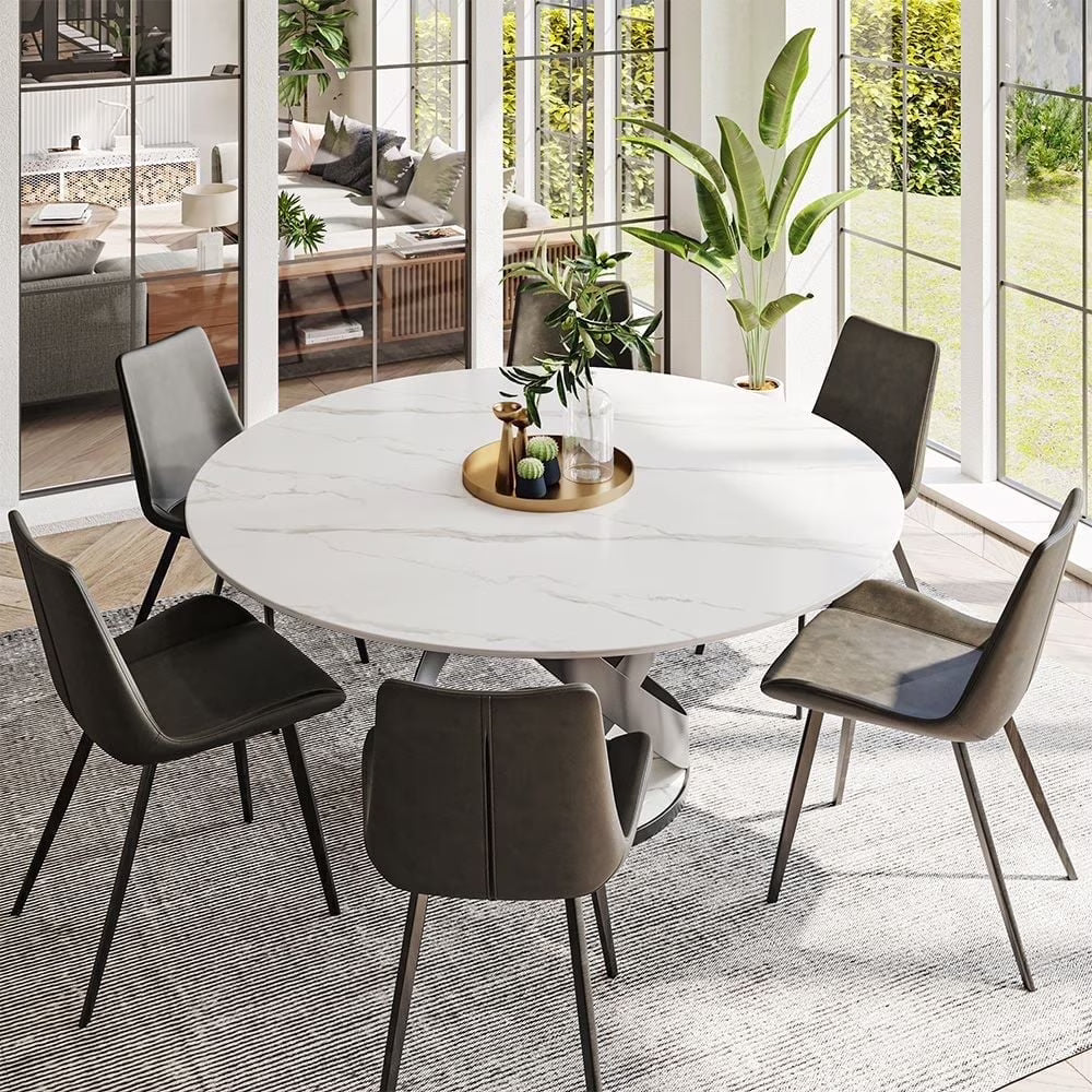 POVISON 7PCS Modern Dining Table Sets (59"Table + 6 Chairs), Round Glossy Sintered Stone Dining Table with Dining Chairs