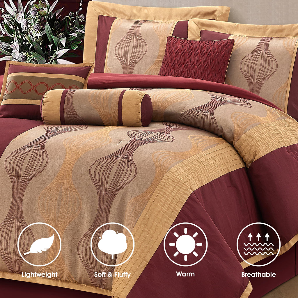 Lanco Elegant Black and Gold Comforter Set,Striped, 7 Pieces Jacquard Bedding Sets with Comforter for All Season, Bed Skirt, Pillows & Shams, Queen Size, Lightweight Microfiber