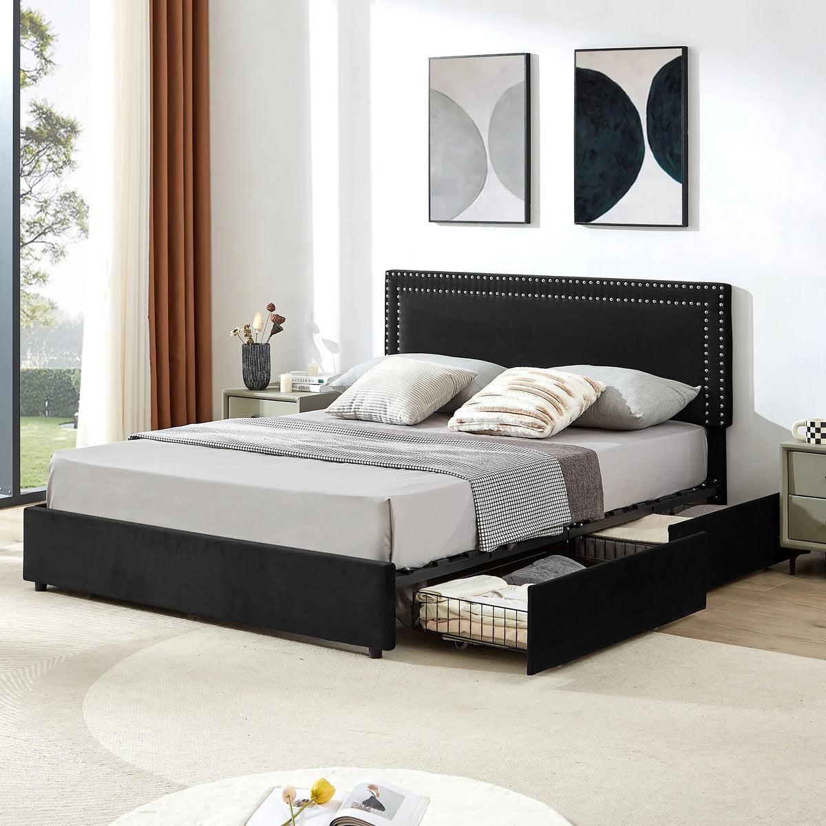 VECELO Full Bed Frame with 4 Storage Drawers (Wheeled) and Tufted Upholstered Adjustable Headboard Platform Bed, Beige