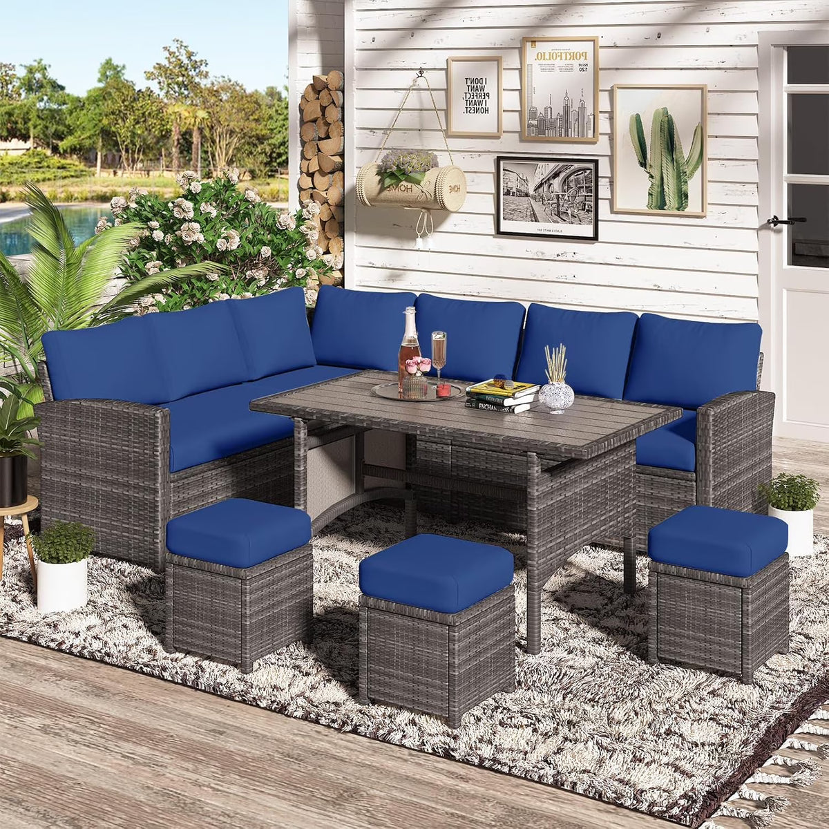 AECOJOY 7 Piece Patio Furniture Set PE Rattan Outdoor Dining Set Sectional Sofa Couch with Table Patio Conversation Set in Gray