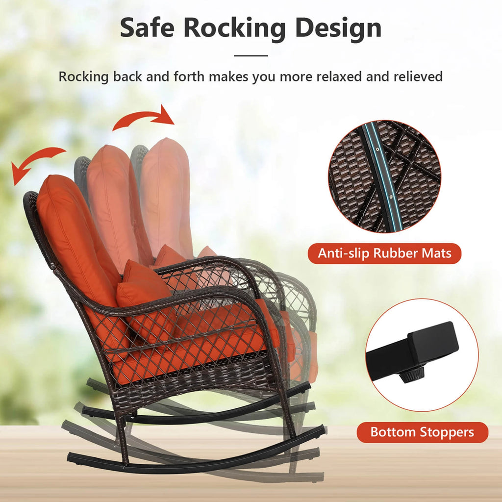 Costway Patio Wicker Rocking Chair W/Seat Back Cushions & Lumbar Pillow Porch Off White