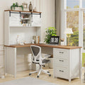 Vabches 68" H L Shaped Desk and Hutch with Storage, Office Desk with Drawers, Charging Station, Sliding Doors, Unique White