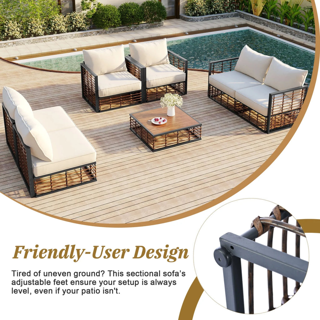 7 Pieces Metal Patio Sectional Furniture Set , Modern Minimalist Rattan Sofa Set with Thick Cushions and Coffee Table, All Weather Outdoor Patio Conversation Sets for Garden, Poolside, Backyard, Gray