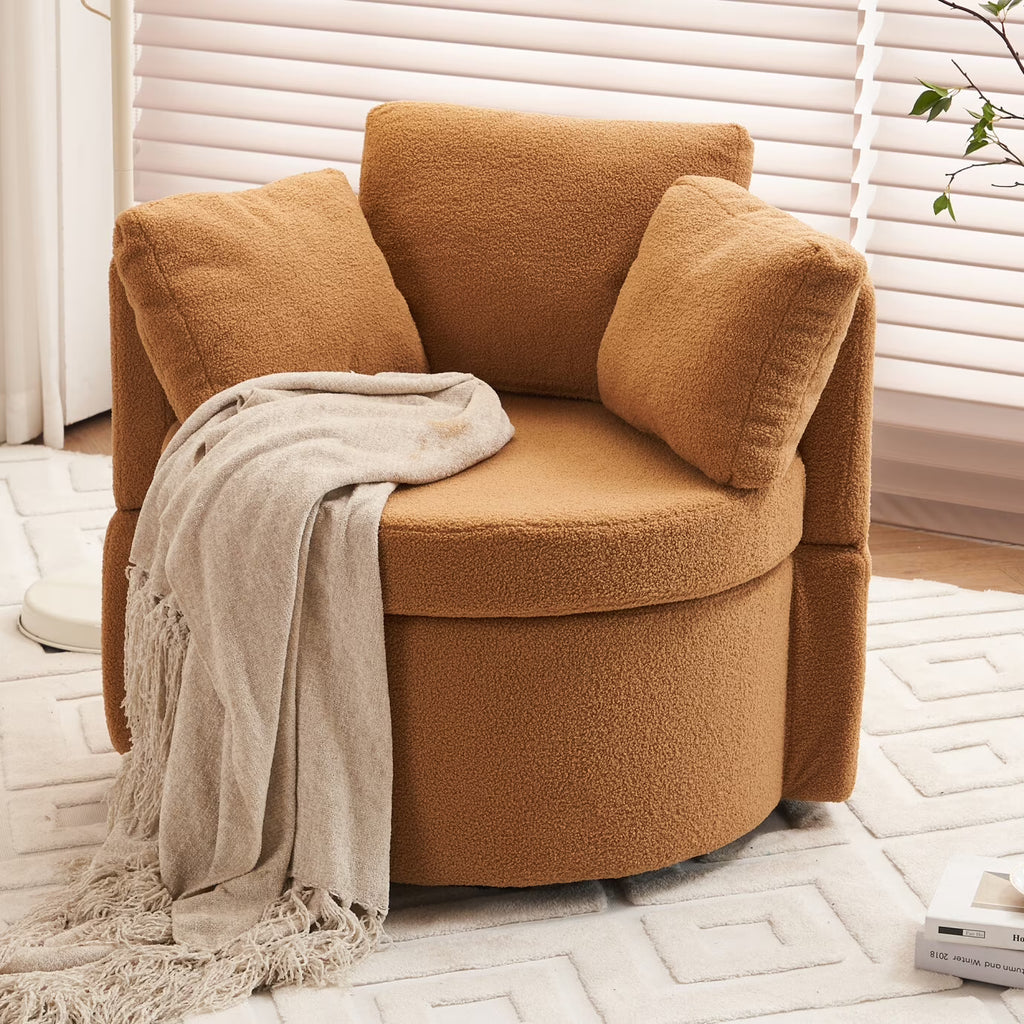 Swivel Barrel Chair, Teddy Round Swivel Accent Sofa Chairs with 3 Pillows and Storage, Modern 360 Degree Boucle Swivel Chairs for Living Room, Bedroom, Office (Dark Gray, Teddy)