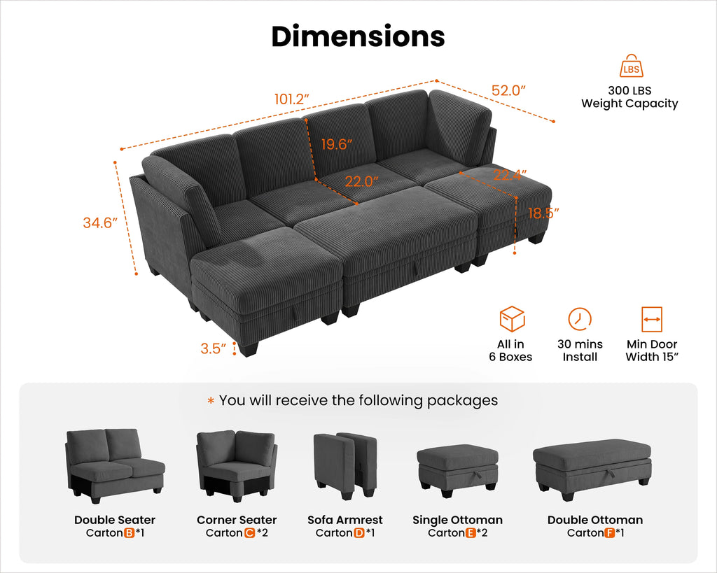 CHIC HOUSE 154.5" Sectional Sofa with Storage Ottoman Chaise, Corduroy U Shaped Sofa Convertible Sectional Couches for Living Room, 12 Seater Corner Modular Sofa with Deep Seat Throw Pillows, Green