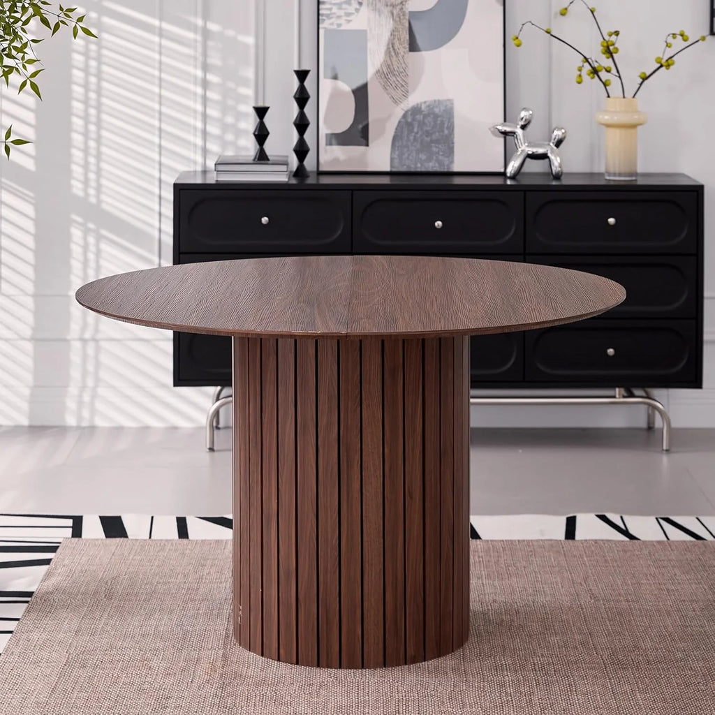 5 Piece Round Dining Table Set - Mid-Century 47 inch Oak Dining Table with 4 Brown Faux Leather Chairs Set, Dinner Table & Chair with Metal Legs for Kitchen Dining Room, Apartment, Bedroom