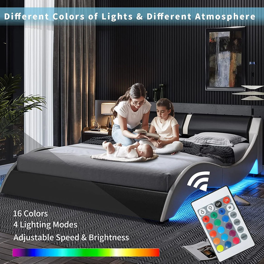 Queen Size Bed Frame with LED Lights,Modern Platform Bed Frame with Upholstered Headboard,Faux Leather Wave Like Low Profile Bed Frame,No Box Spring Needed,Black
