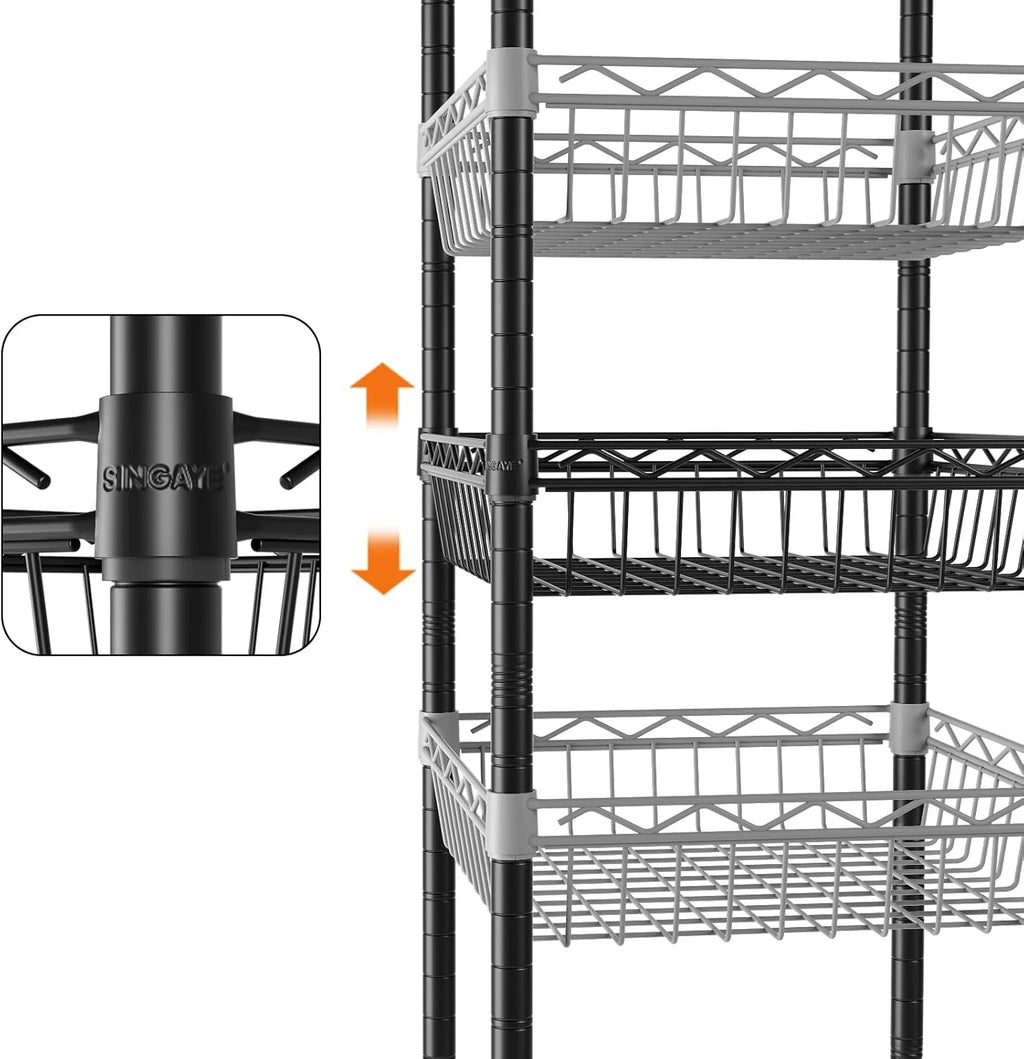 6 Tier Wire Shelving Unit with Wheels Baskets Storage Rack Corner Shelves Adjustable Shelf Closet Bathroom Organizers Metal Pantry Kitchen Garage Laundry Room 13.5" D x 13.5" W x 63" H White
