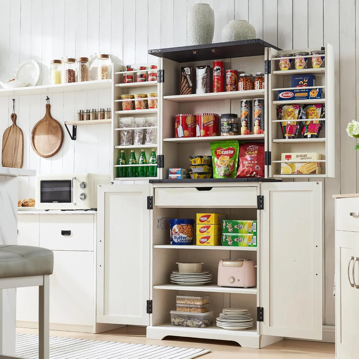 47" Kitchen Pantry, Farmhouse Storage Cabinet with Barn Doors, Organizer and Adjustable Shelves, Rustic Wood Cupboard for Kitchen, Dining Room, Bathroom and Hallway, Black