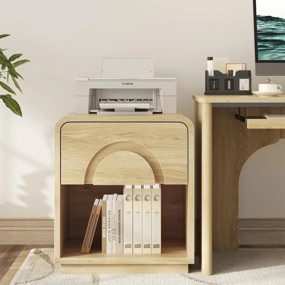 Bestier Nightstands Set of 2 with Charging Station, Modern Bedside Table End Table with Storage Drawer & Open Shelf for Bedroom Living Room Dorm Office, Natural