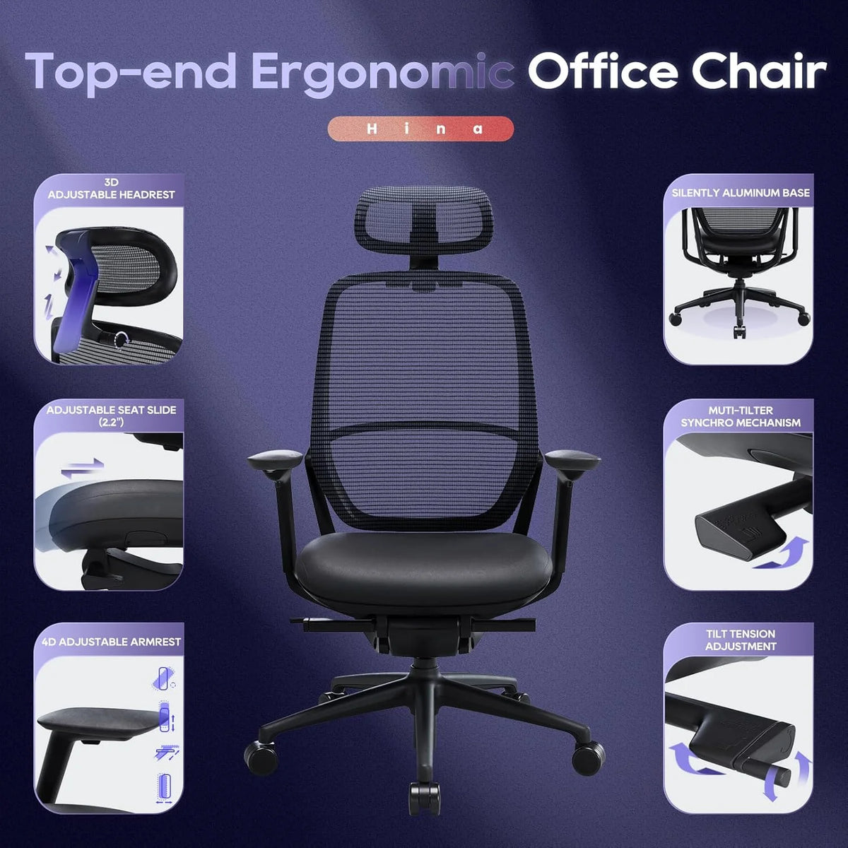 Ergonomic Office Chair, High Back Mesh Desk Chair with Adjustable Lumbar Support, Reclining Backrest, 4D Armrests, Breathable Mesh, Comfortable Computer Chair for Home Office, Work,Study