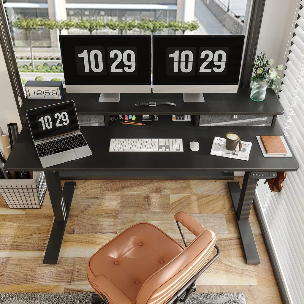 Fezibo Height Adjustable Electric Standing Desk with Drawers and Storage Shelf, Sit Stand Desk with Splice Board, Black Finish, 55"