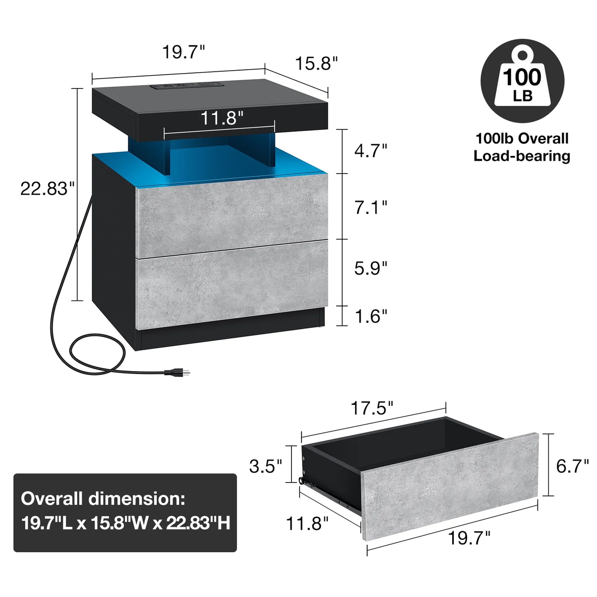 Hommpa LED Nightstand with Wireless Charging Station Modern Nightstand Type C USB Port 2 Drawers Bedside Table Black Smart Night Table High Gloss End Side Table for Bedroom Furniture 22.3" Tall
