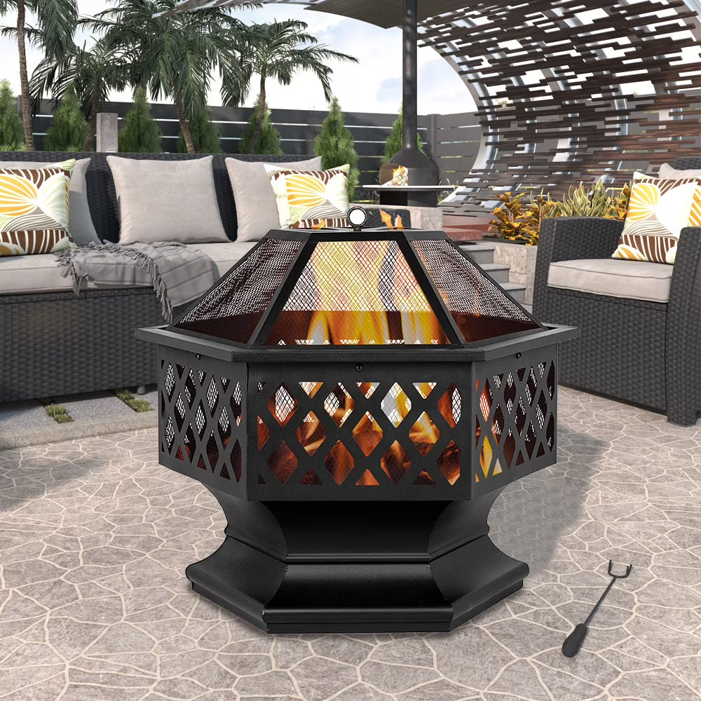 Outdoor Wood Burning Fire Pit, 24" Hexagon Metal Fire Pit for Patio with Poker, Spark Screen, Hex Shaped Fire Pit BBQ Grill, Garden Firepit Stove for Camping Picnic Bonfire Backyard, JA2419