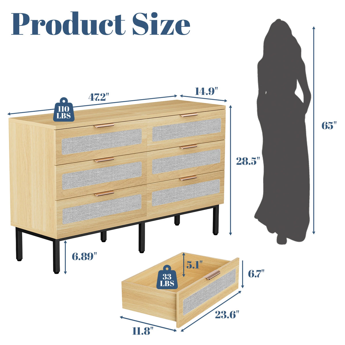 Planntonneo Boho Fluted 6 Drawer Dresser, Wooden Chests for Bedroom