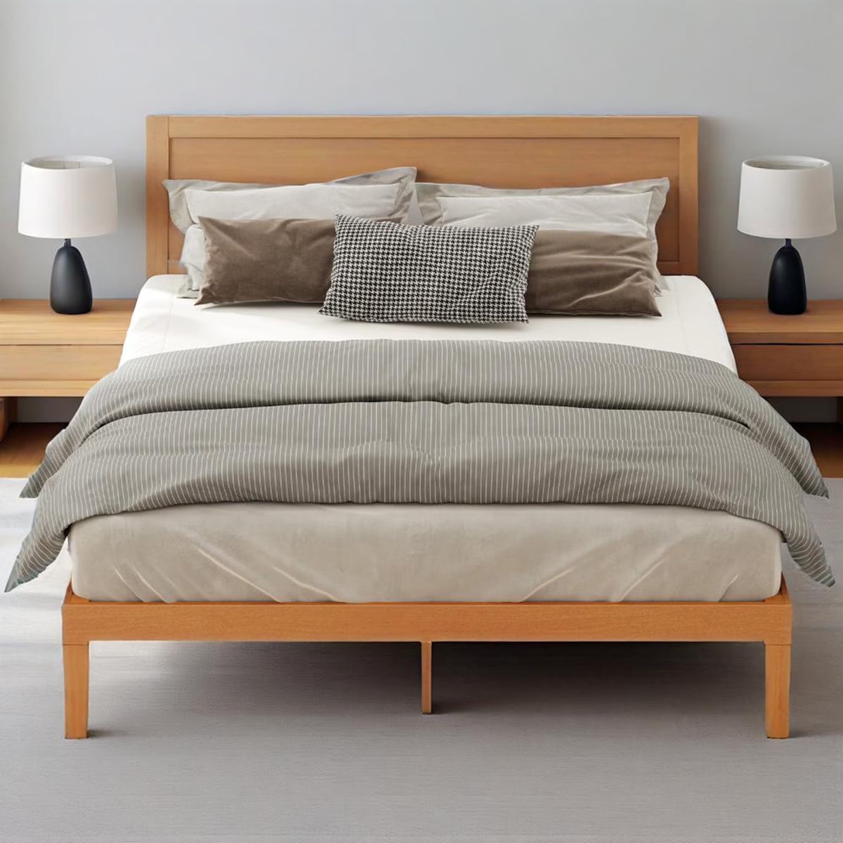MCQ Full Size Wood Bed Frame, 12in Wooden Platform Bed Frame with Support Slats, No Spring Needed, Storage Space Under Base, Natural Pine