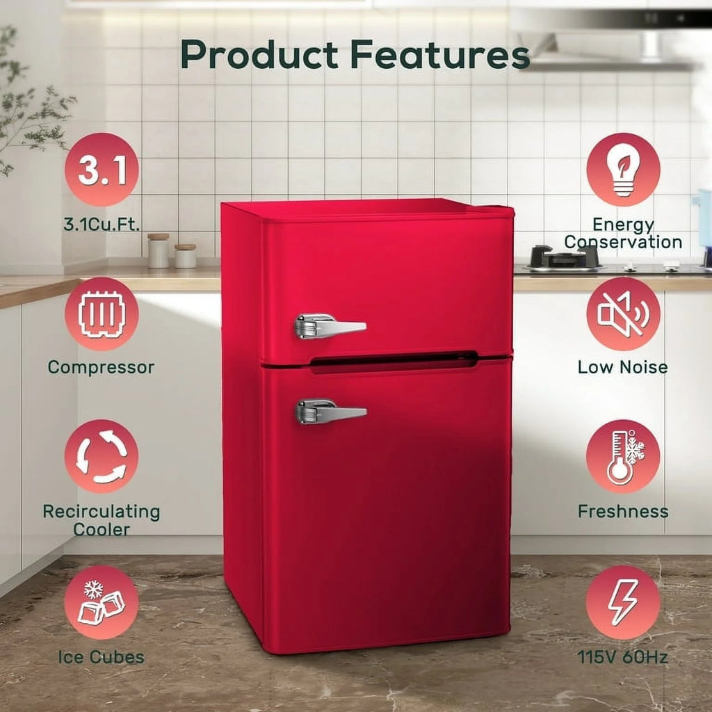 Auseo 3.1 Cu.Ft Double Door Mini Fridge with Freezer, Compact Retro Refrigerator for Dorm, Office, Bar, Bedroom, Black