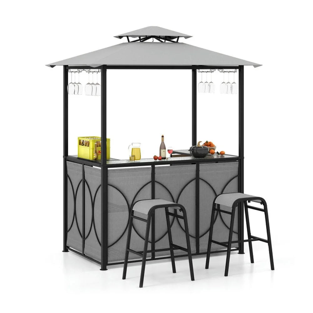 Aimee Lii 3-Piece Patio Bar Set Grill Patio Canopy & 2 Bar Stools with Tempered Glass Bar Table, Modern Patio Furniture for Outdoor Backyard Pool Deck-Brown