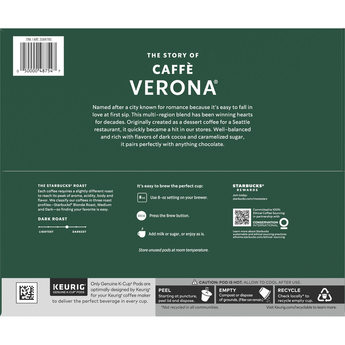 Starbucks Coffee Caffè Verona Dark Roast K-Cup Pod, 72-count