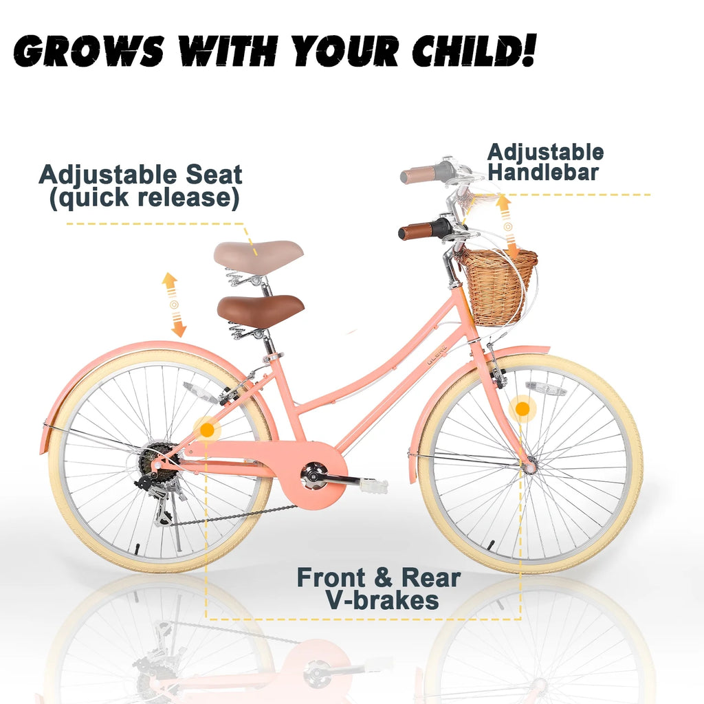 Glerc Missy 24" Girls Cruiser Bike 6-Speed Women's Hybird Bicycle for Ages 7-11 Years, Mint Green