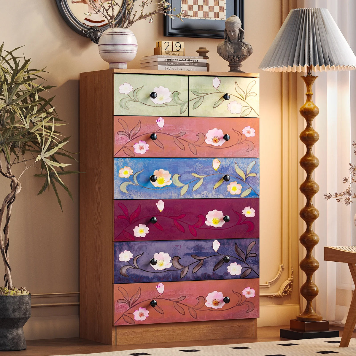 Ktaxon Wood 6-Drawer Dresser Organizer for Bedroom Storage Tower for Entryway Hallway Closet, Tall Chest Organizer Unit with Wood Bins, Floral Painted Wooden